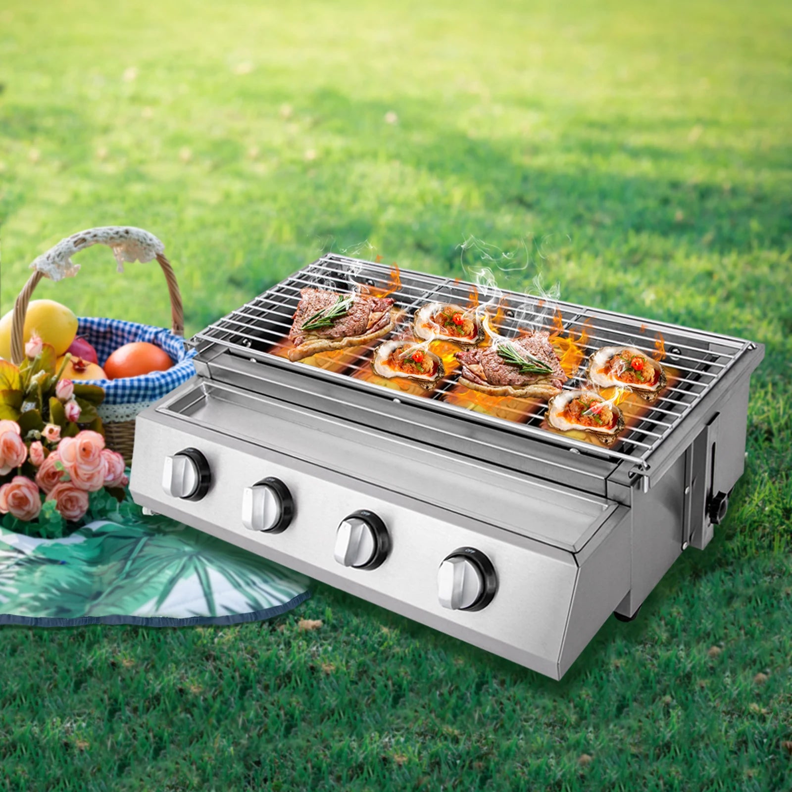 Stainless Steel Smokeless Barbecue Grill 4 Burners LPG Gas Grill Roaster Portable BBQ Grill Removable for Outdoor Patio Garden