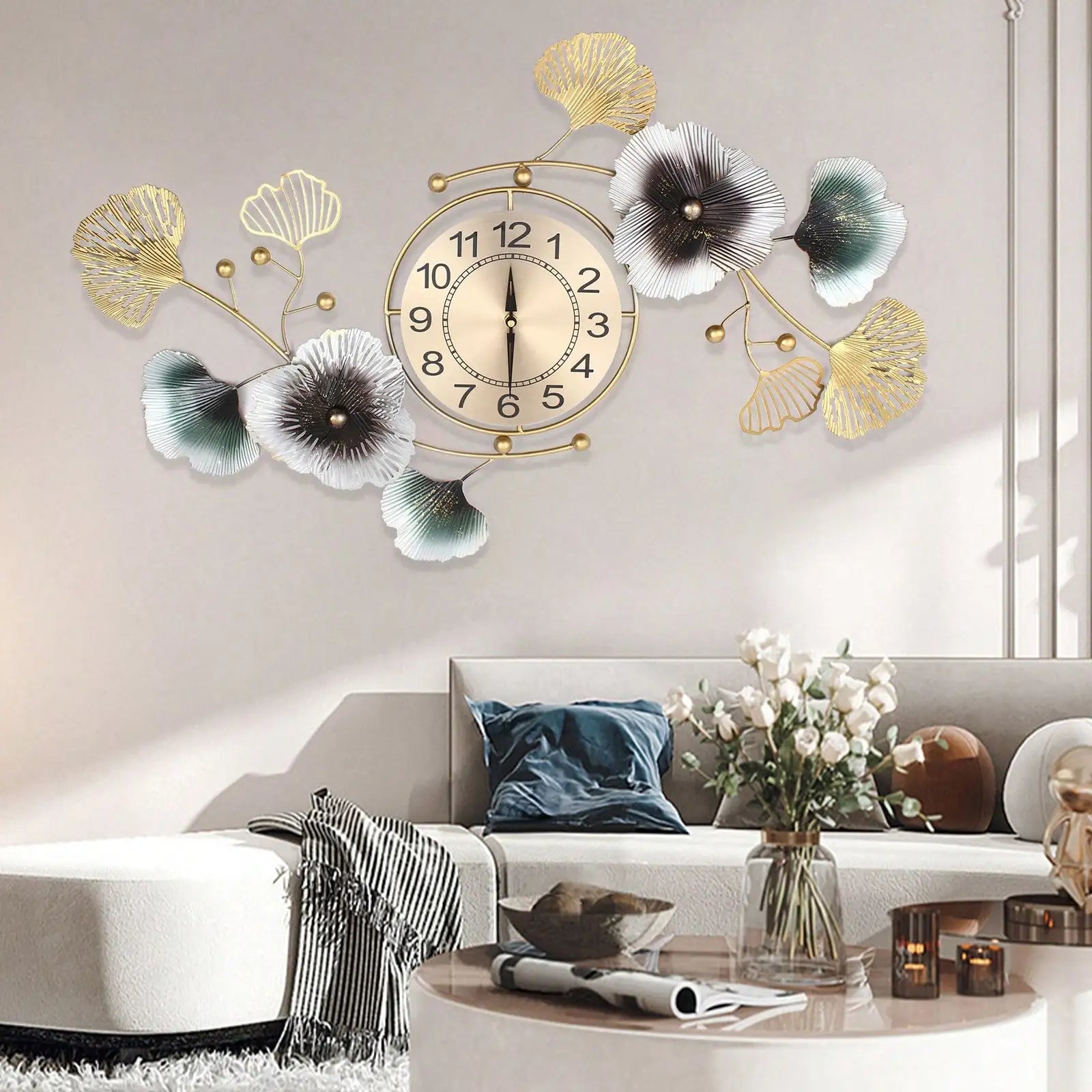 Large Luxury Ginkgo Leaf Mute Wall Clock