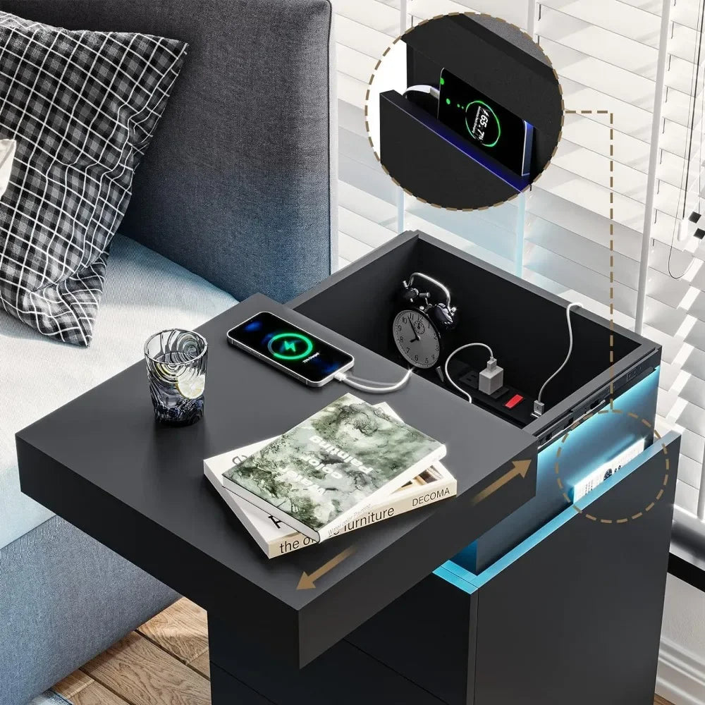Nightstand Charging Station LEDs Sliding Top