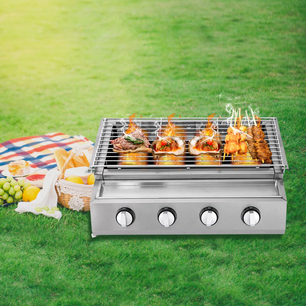 Stainless Steel Smokeless Barbecue Grill 4 Burners LPG Gas Grill Roaster Portable BBQ Grill Removable for Outdoor Patio Garden