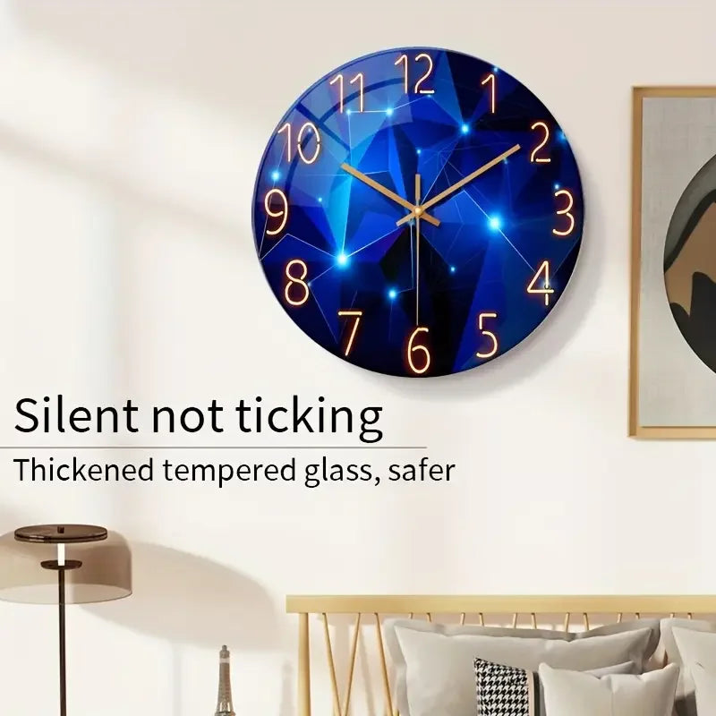 Blue Wall Clock Battery Round Glass