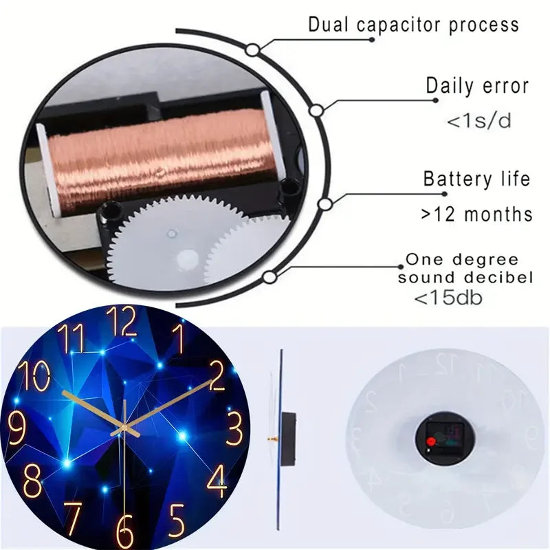 Blue Wall Clock Battery Round Glass