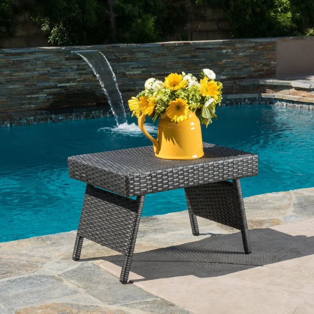 Folding Wicker Table Weather Resistant Adjustable Lap