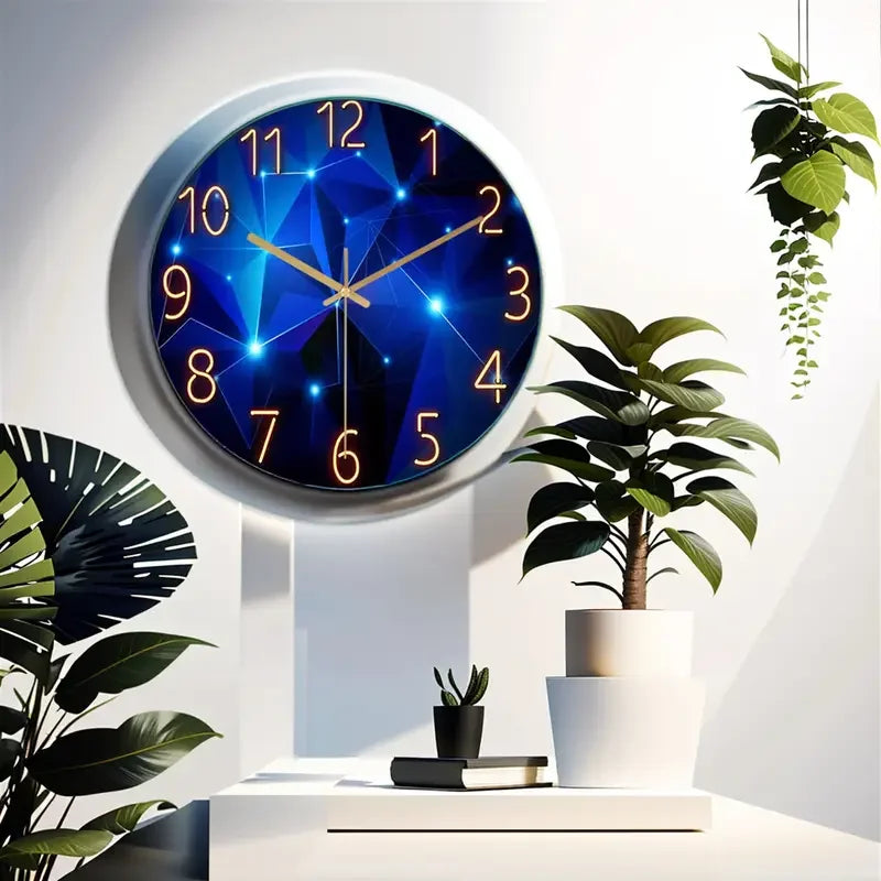 Blue Wall Clock Battery Round Glass