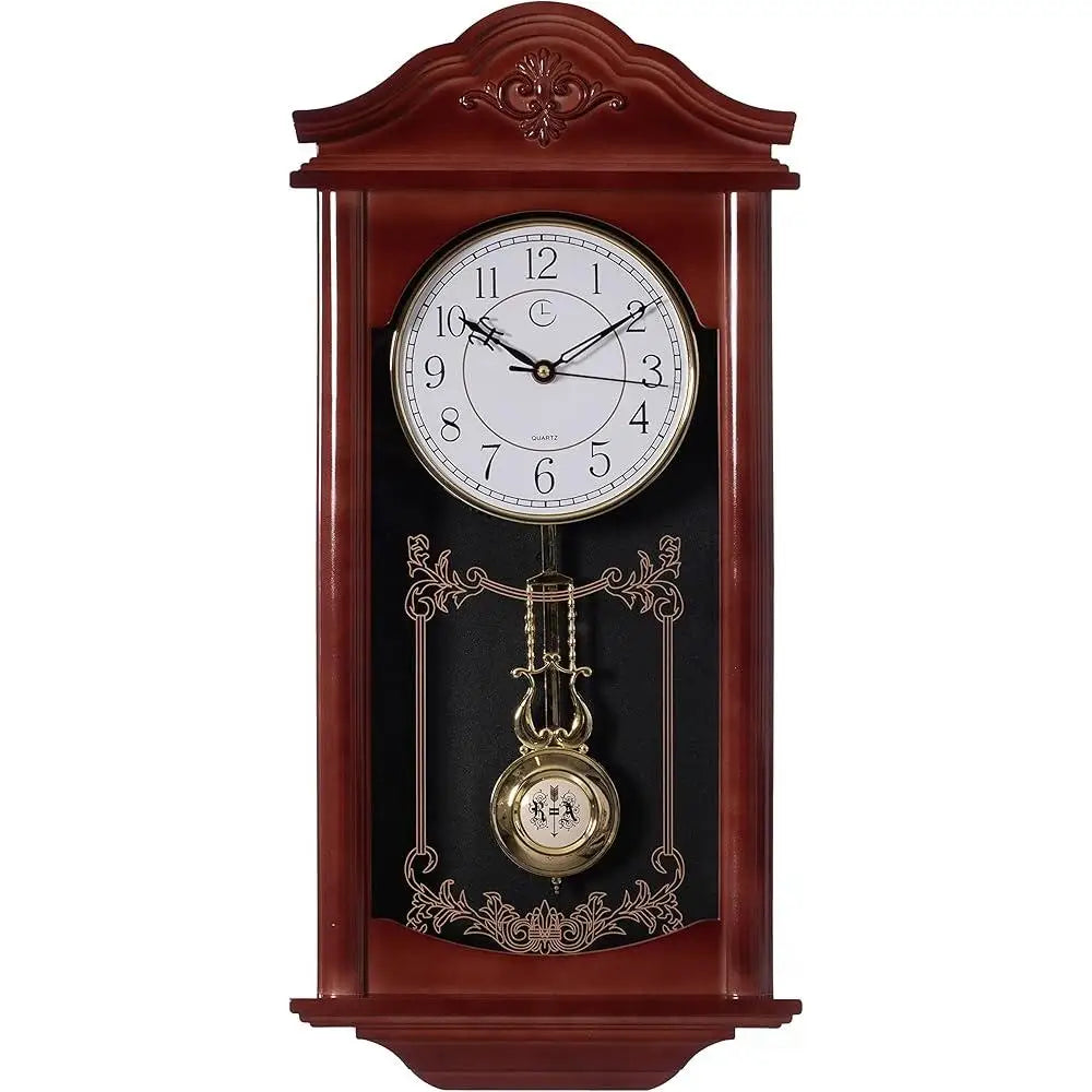 Vintage Wood-Look Plastic Pendulum Wall Clock Silent Battery Operated Home Decor Non-Ticking Elegant Design Living Room Kitchen