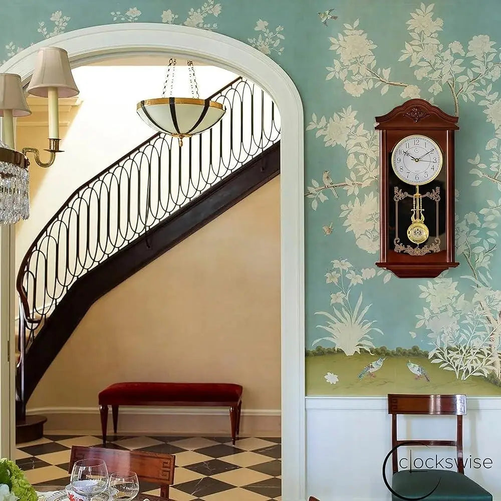 Vintage Wood-Look Plastic Pendulum Wall Clock Silent Battery Operated Home Decor Non-Ticking Elegant Design Living Room Kitchen