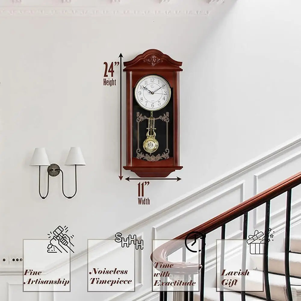 Vintage Wood-Look Plastic Pendulum Wall Clock Silent Battery Operated Home Decor Non-Ticking Elegant Design Living Room Kitchen