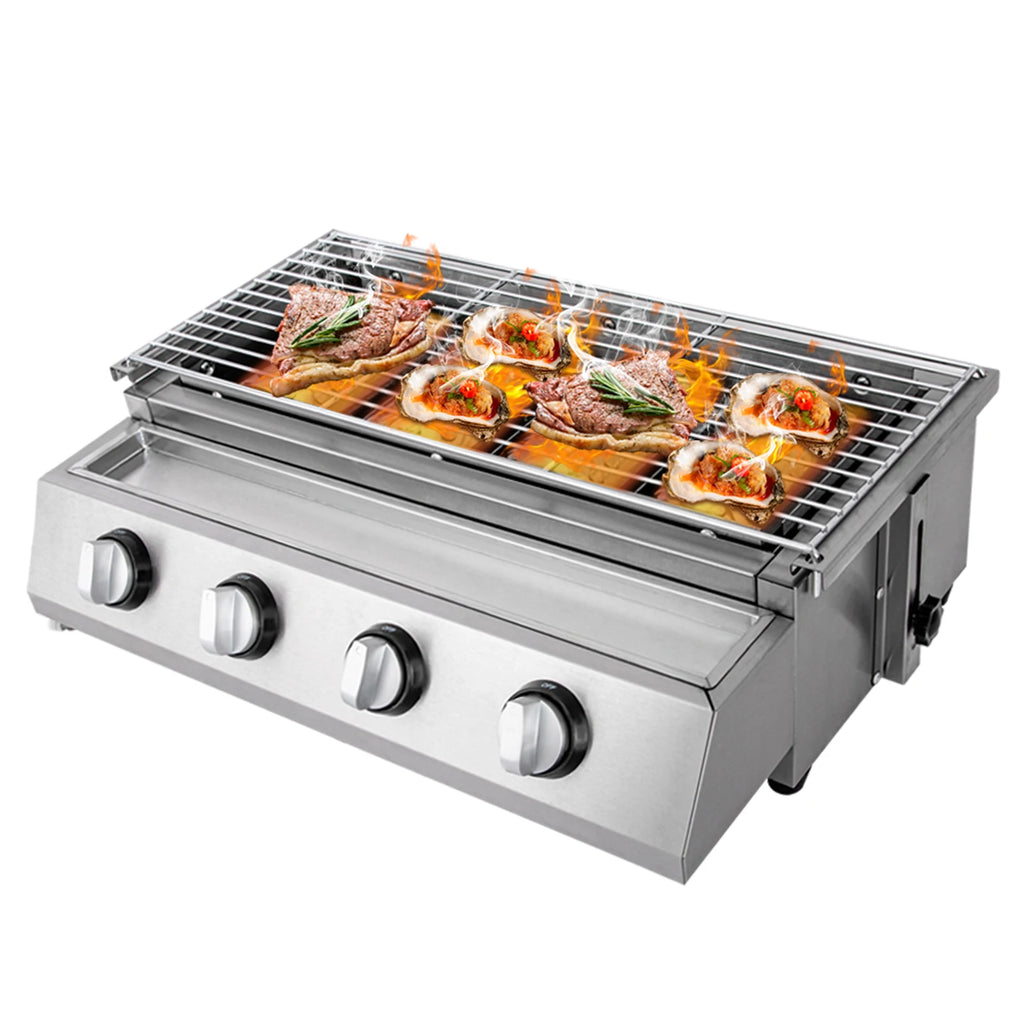 Stainless Steel Smokeless Barbecue Grill 4 Burners LPG Gas Grill Roaster Portable BBQ Grill Removable for Outdoor Patio Garden