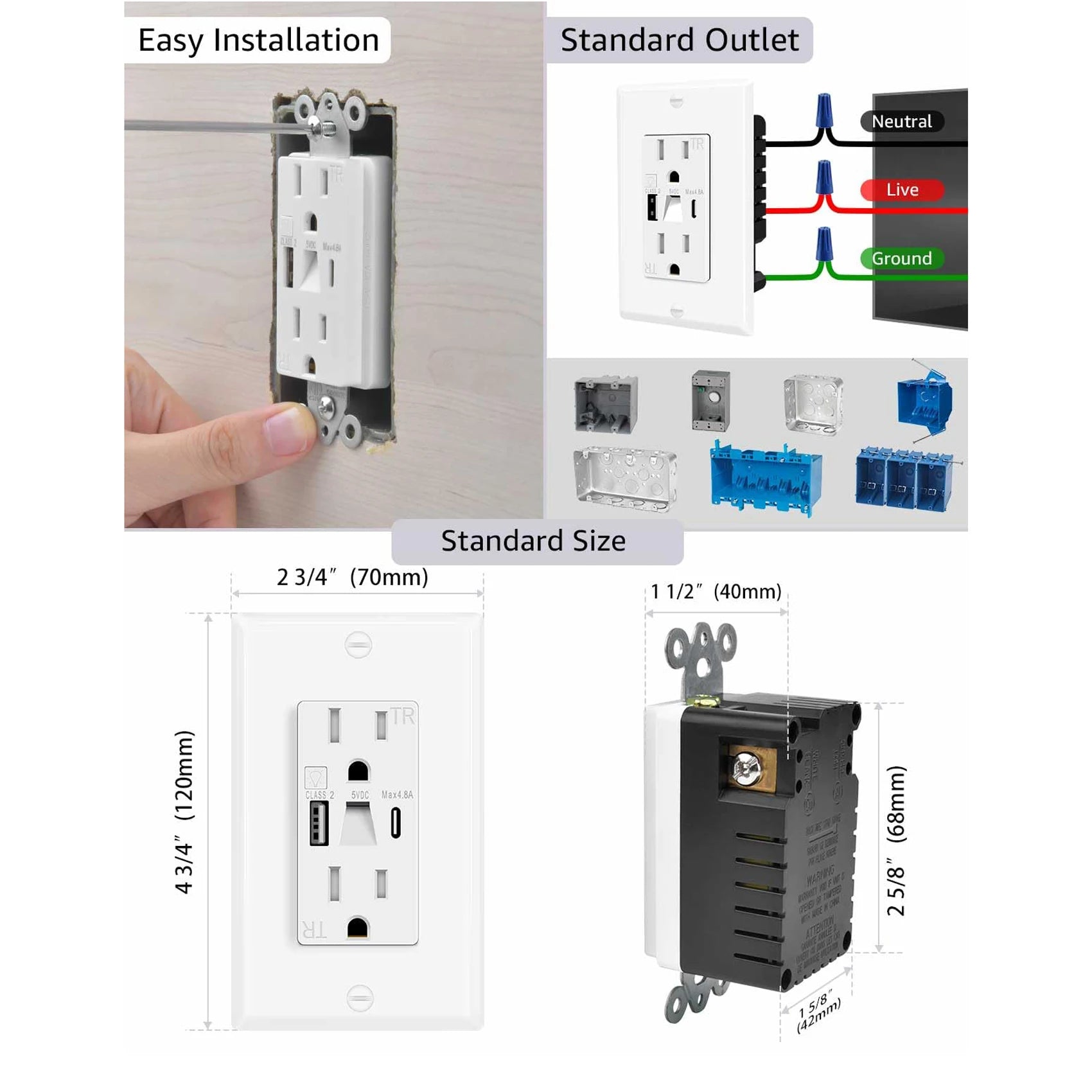 Night Light Outlet 24W USBC Fast Charging, 4.8A