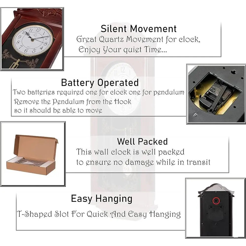 Vintage Wood-Look Plastic Pendulum Wall Clock Silent Battery Operated Home Decor Non-Ticking Elegant Design Living Room Kitchen