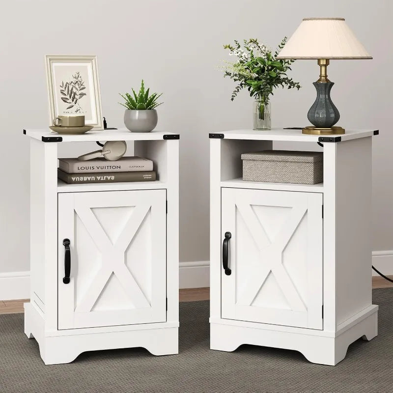 White End Table Charging Station Tall Bedside