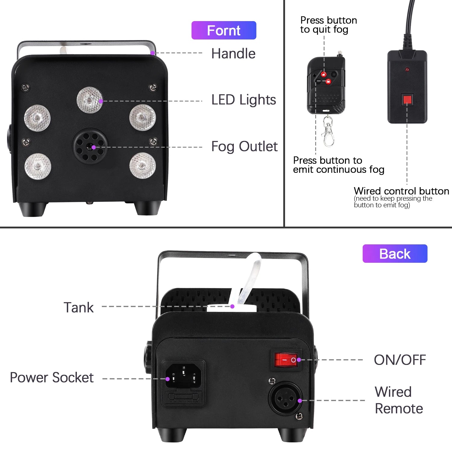 Yiflamefly 550W Fog Machine With Colorful 5PCS RGB LED Stage Light Remote Control Smoke Machine Fogger For Wedding Party Bar