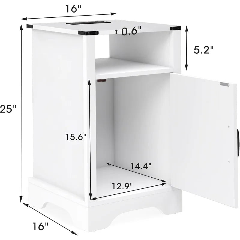 White End Table Charging Station Tall Bedside