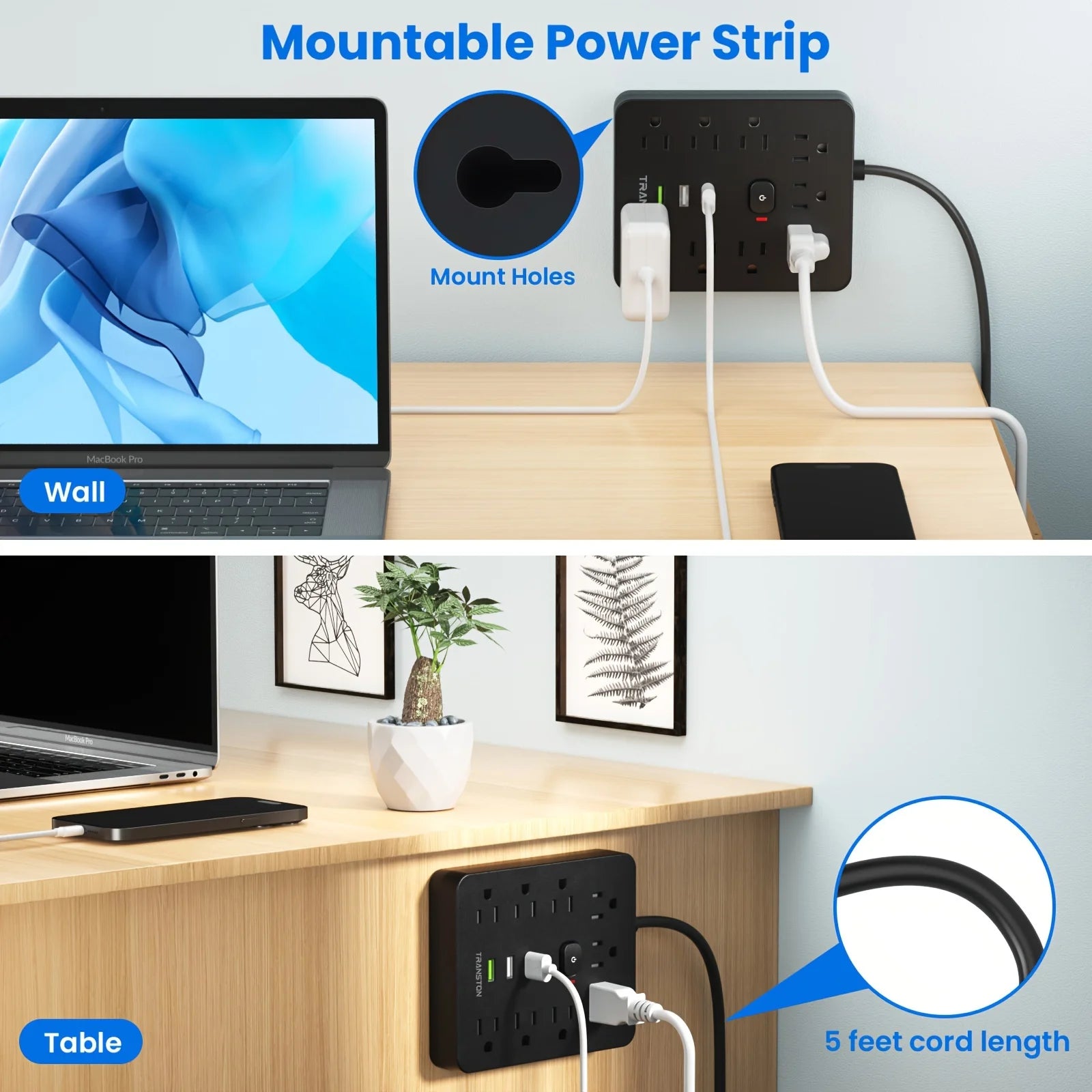 Power Module /Surge 9 power 3 USB 5ft Cord Mountable
