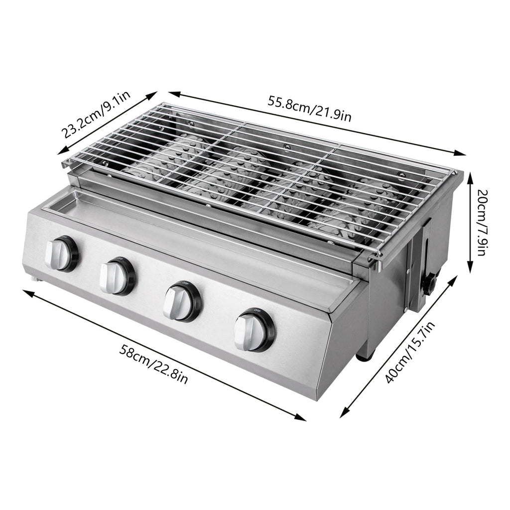 Stainless Steel Smokeless Barbecue Grill 4 Burners LPG Gas Grill Roaster Portable BBQ Grill Removable for Outdoor Patio Garden