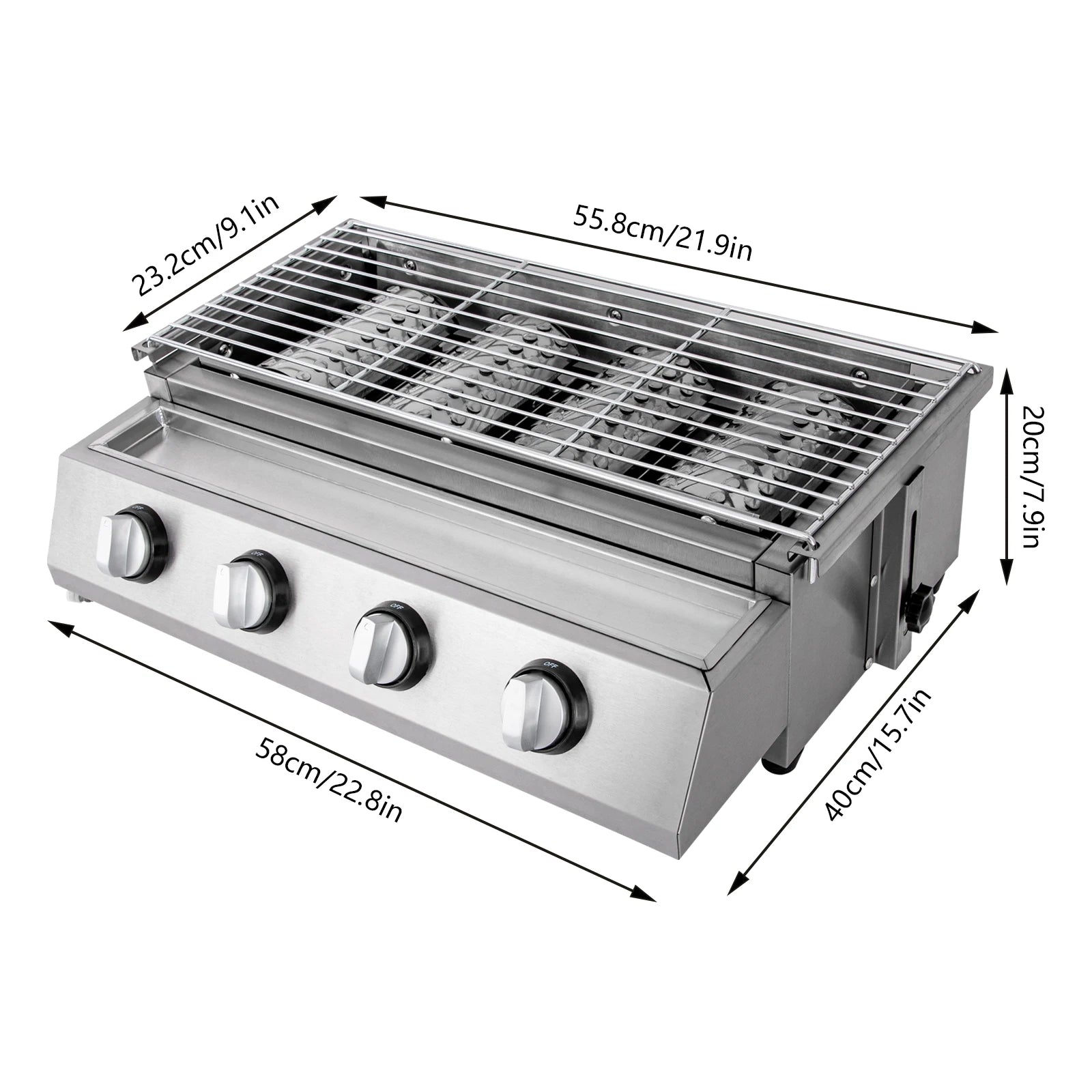 Stainless Steel Smokeless Barbecue Grill 4 Burners LPG Gas Grill Roaster Portable BBQ Grill Removable for Outdoor Patio Garden