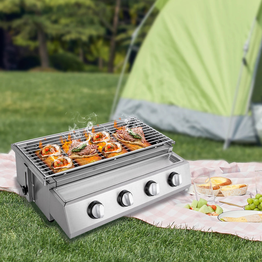 Stainless Steel Smokeless Barbecue Grill 4 Burners LPG Gas Grill Roaster Portable BBQ Grill Removable for Outdoor Patio Garden
