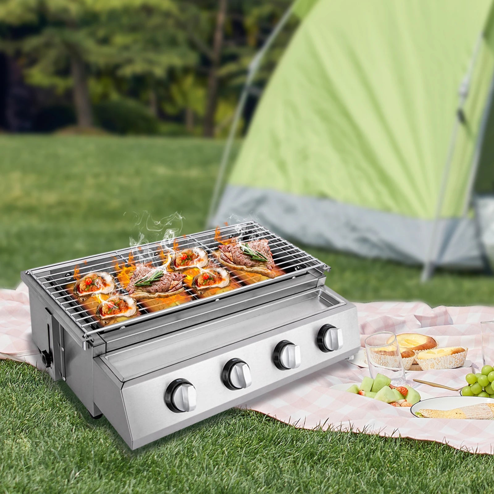 Stainless Steel Smokeless Barbecue Grill 4 Burners LPG Gas Grill Roaster Portable BBQ Grill Removable for Outdoor Patio Garden